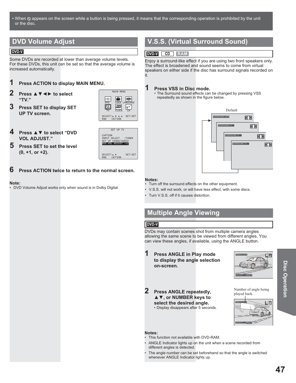 Dvd volume adjust v.s.s. (virtual surround sound), Multiple angle viewing | Panasonic AG-520VDH User Manual | Page 47 / 56