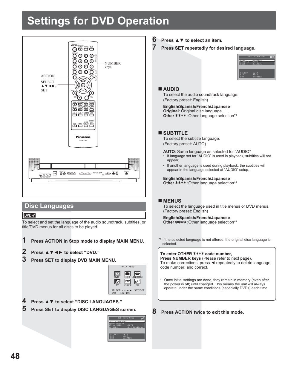 Settings for dvd operation, Disc languages | Panasonic AG-520VDH User Manual | Page 48 / 56