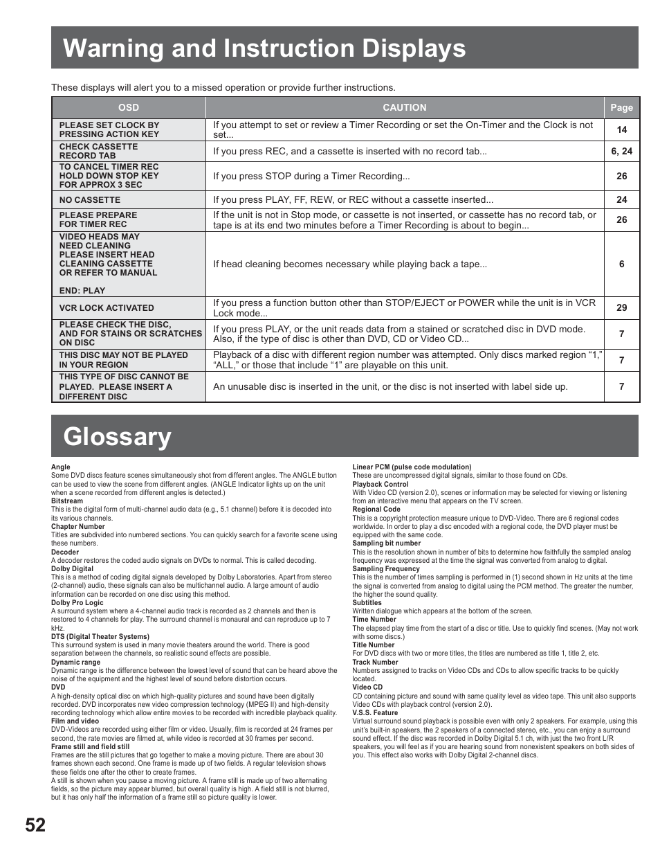 Information, Warning and instruction displays, Glossary | Warning and instruction displays glossary | Panasonic AG-520VDH User Manual | Page 52 / 56