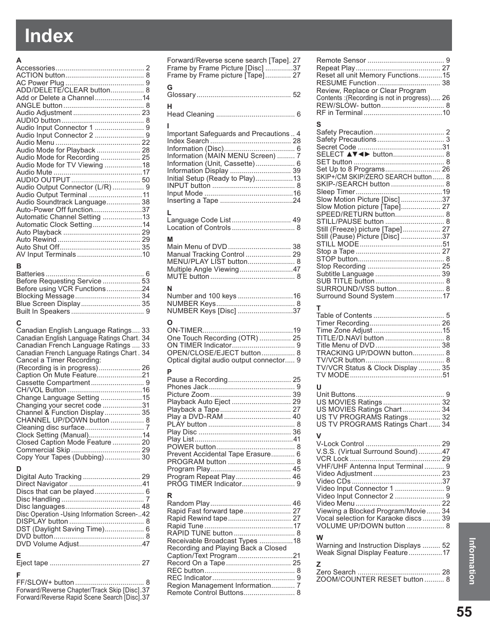 Index | Panasonic AG-520VDH User Manual | Page 55 / 56