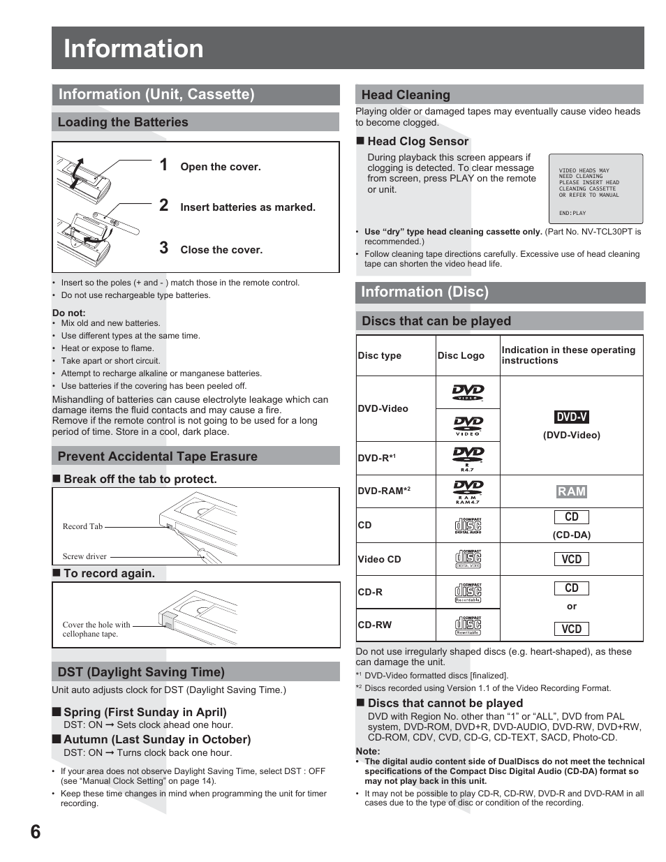 Information, Information (unit, cassette), Information (disc) | Dst (daylight saving time), Discs that can be played | Panasonic AG-520VDH User Manual | Page 6 / 56