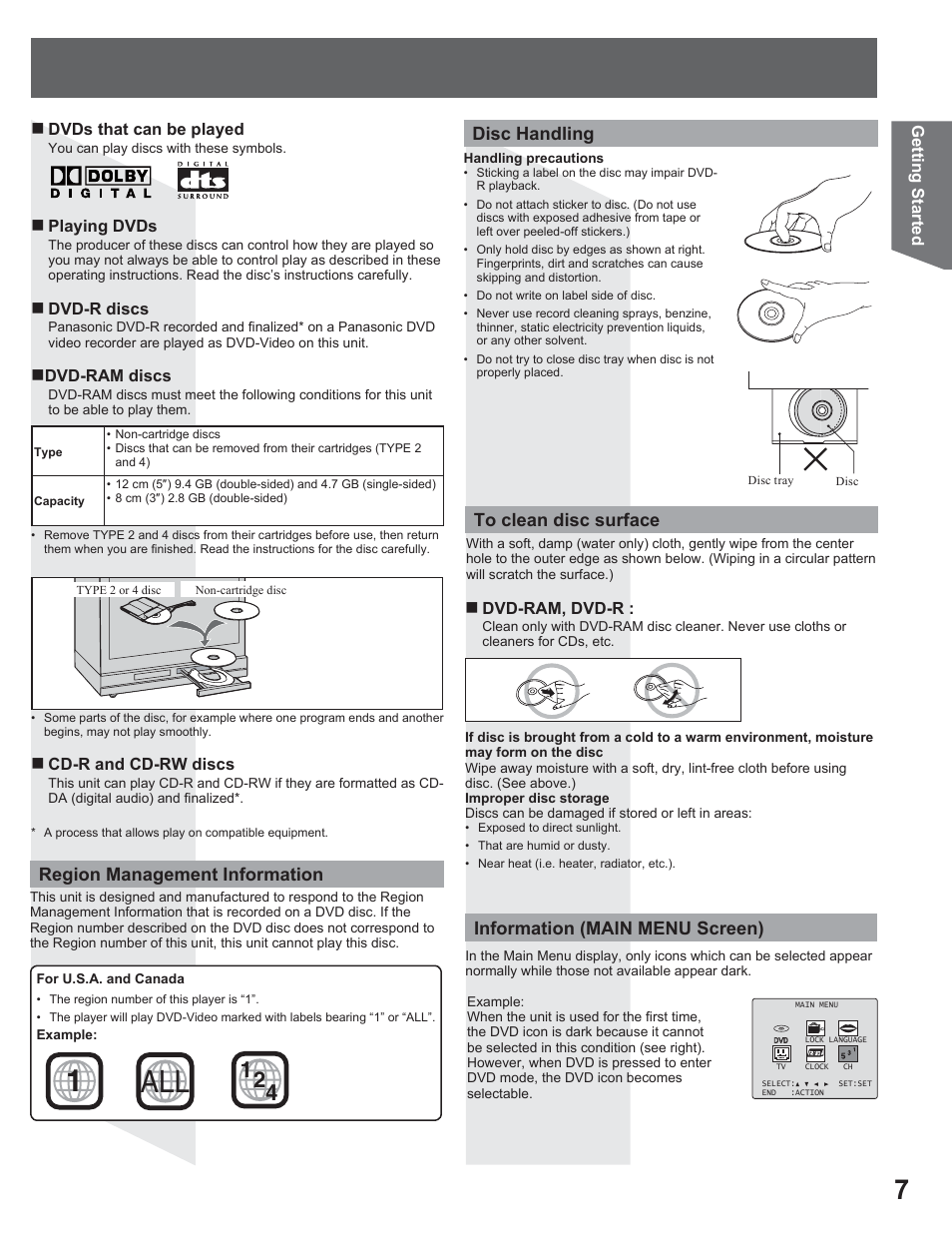 Disc handling, Region management information, Information (main menu screen) | Panasonic AG-520VDH User Manual | Page 7 / 56