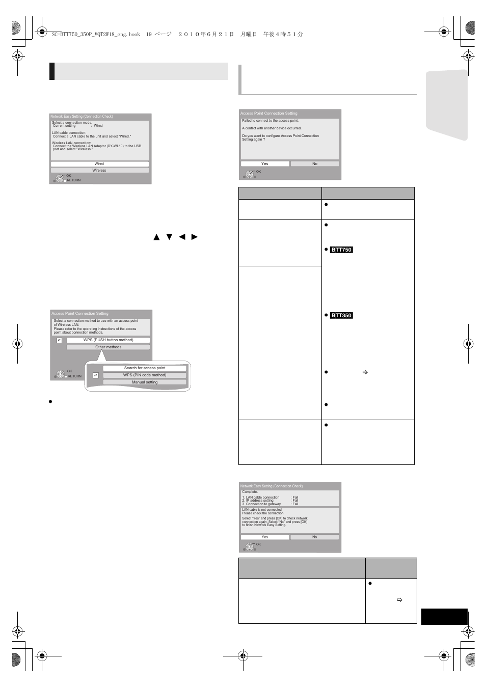 Network easy setting, When you experience problems with settings, Select “wired” or “wireless” and press [ok | Getting s tar te d | Panasonic SC-BTT750 User Manual | Page 19 / 52