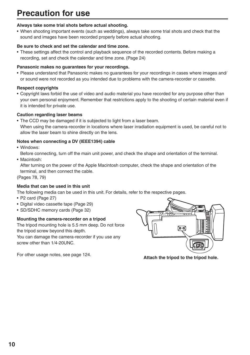 Precaution for use | Panasonic AG-HVX200 User Manual | Page 10 / 138