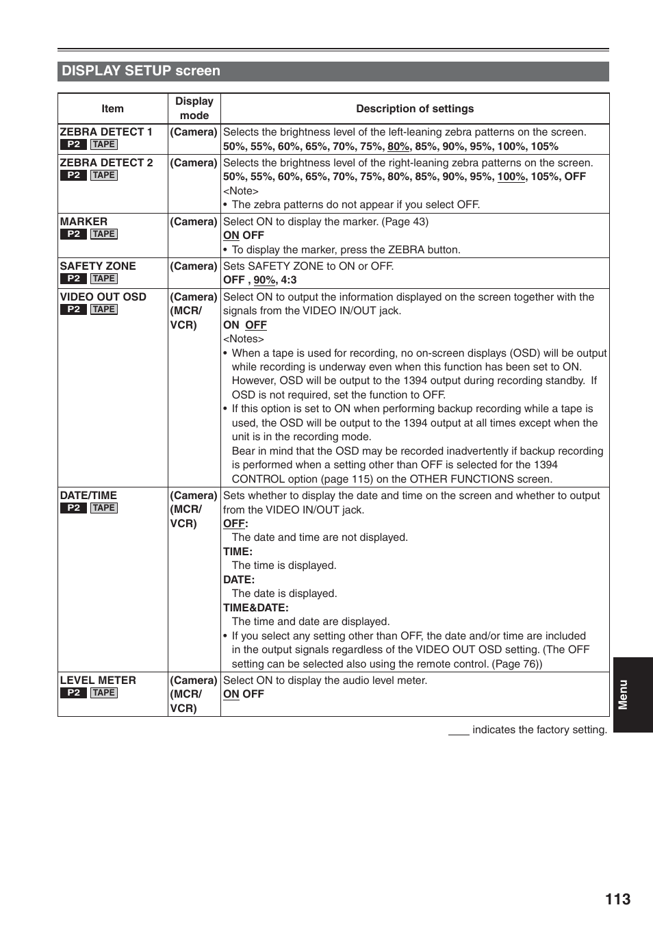 Display setup screen | Panasonic AG-HVX200 User Manual | Page 113 / 138