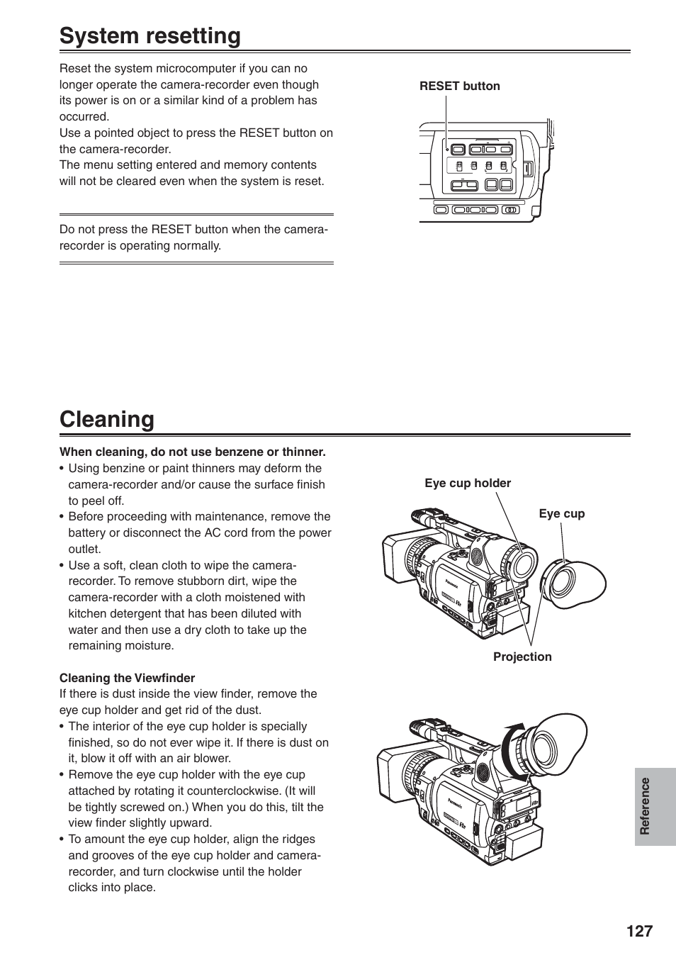 System resetting, Cleaning, Ref erence | Eye cup holder eye cup projection, Reset button | Panasonic AG-HVX200 User Manual | Page 127 / 138