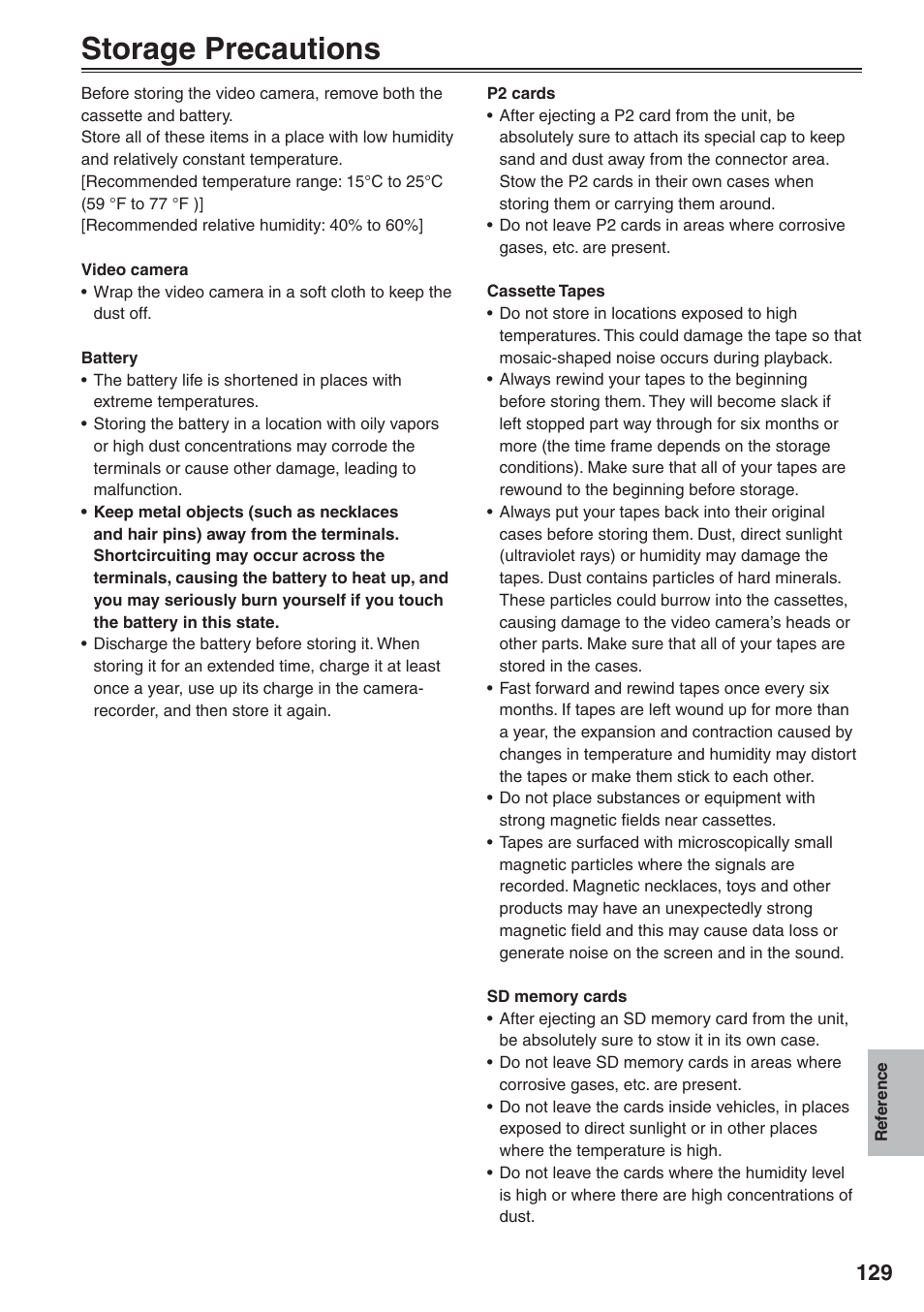 Storage precautions | Panasonic AG-HVX200 User Manual | Page 129 / 138