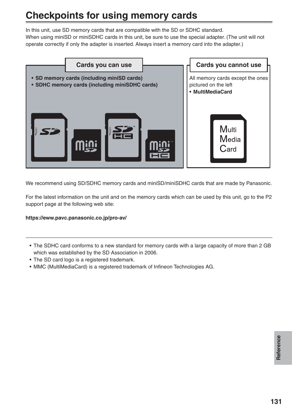 Checkpoints for using memory cards | Panasonic AG-HVX200 User Manual | Page 131 / 138