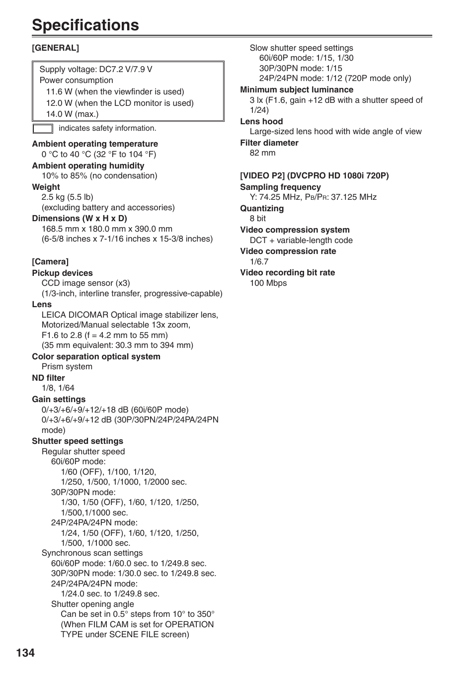 Specifications | Panasonic AG-HVX200 User Manual | Page 134 / 138