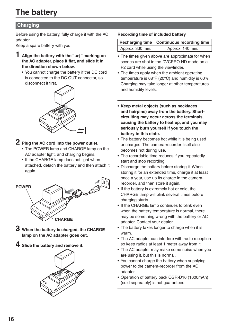 The battery, Charging | Panasonic AG-HVX200 User Manual | Page 16 / 138