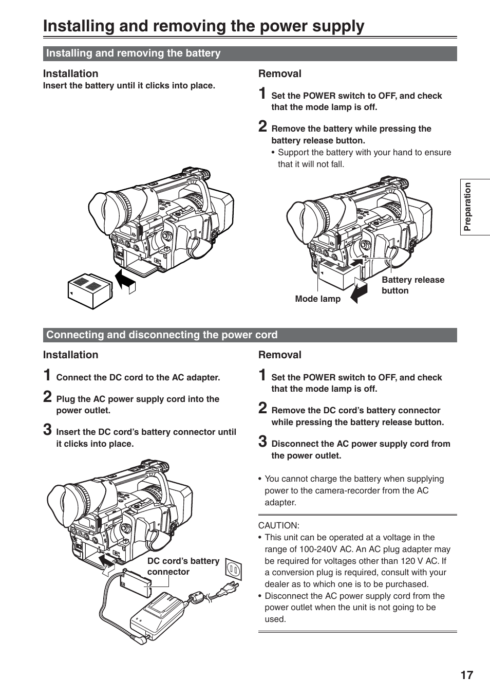 Installing and removing the power supply, Installing and removing the battery, Connecting and disconnecting the power cord | Panasonic AG-HVX200 User Manual | Page 17 / 138