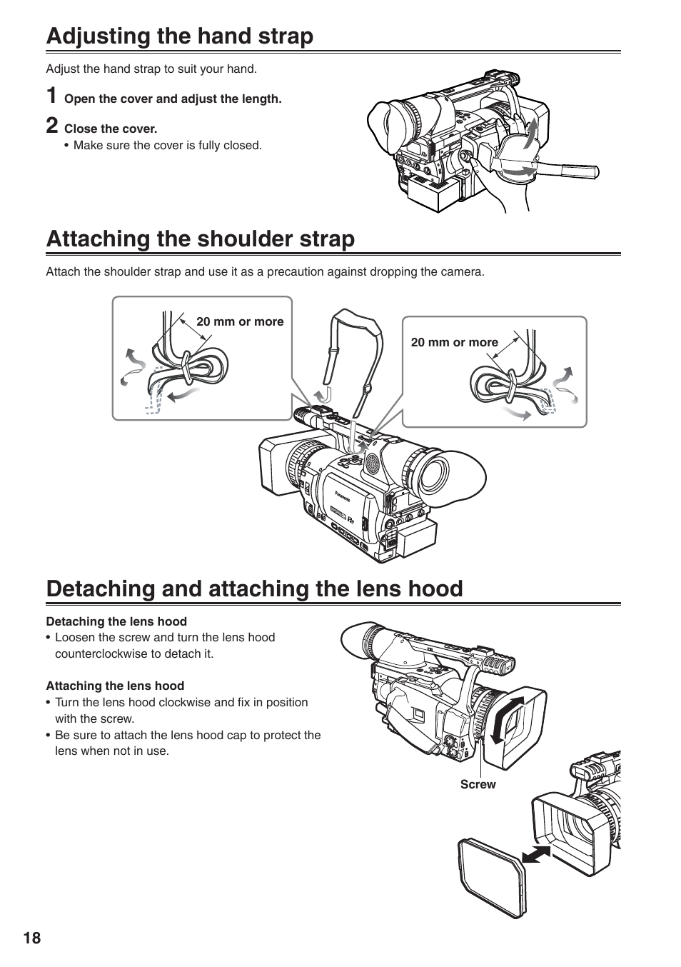 Adjusting the hand strap, Attaching the shoulder strap, Detaching and attaching the lens hood | Panasonic AG-HVX200 User Manual | Page 18 / 138