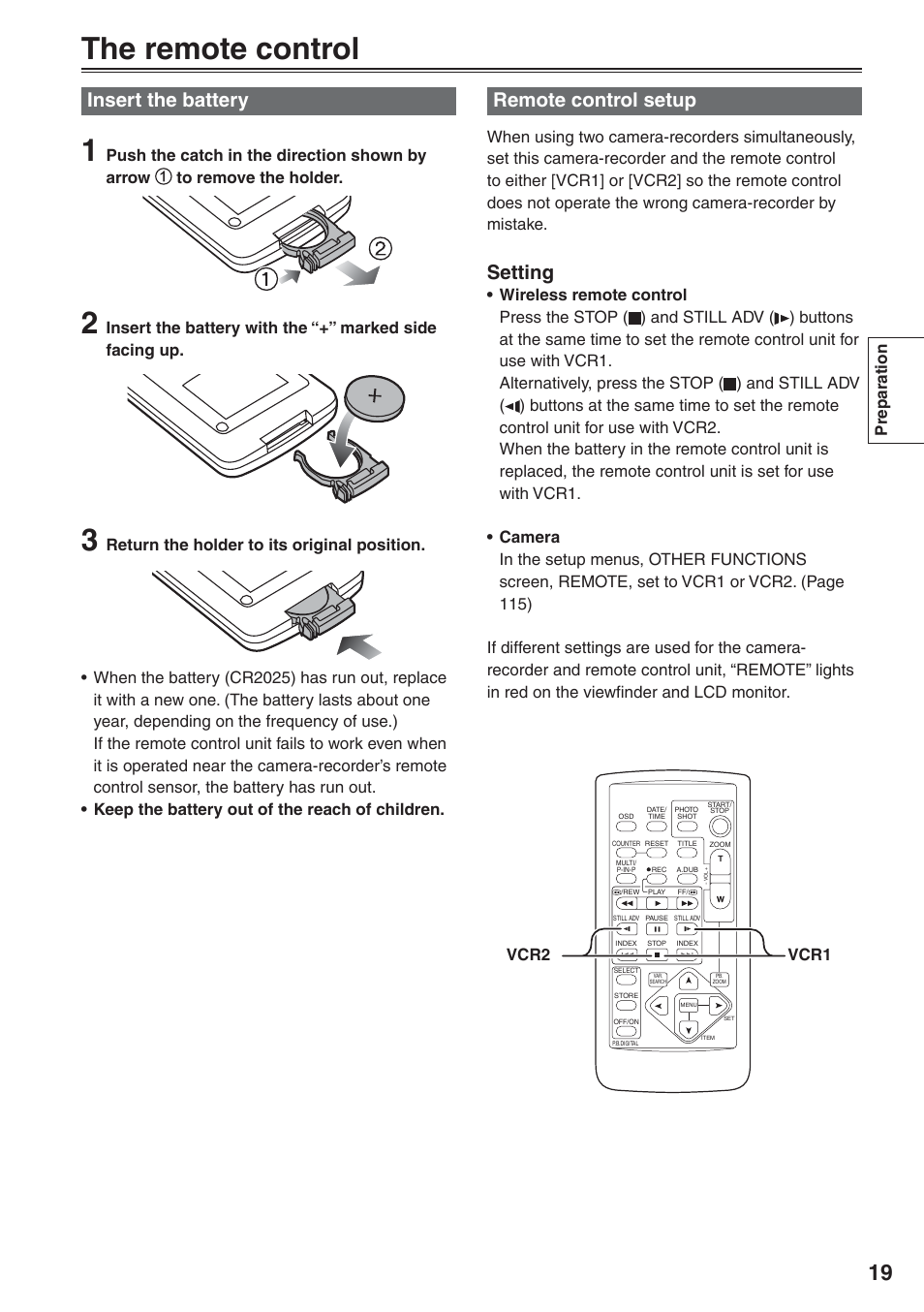 The remote control, Insert the battery, Remote control setup | Insert the battery remote control setup, Setting, Preparation, Vcr2 vcr1 | Panasonic AG-HVX200 User Manual | Page 19 / 138