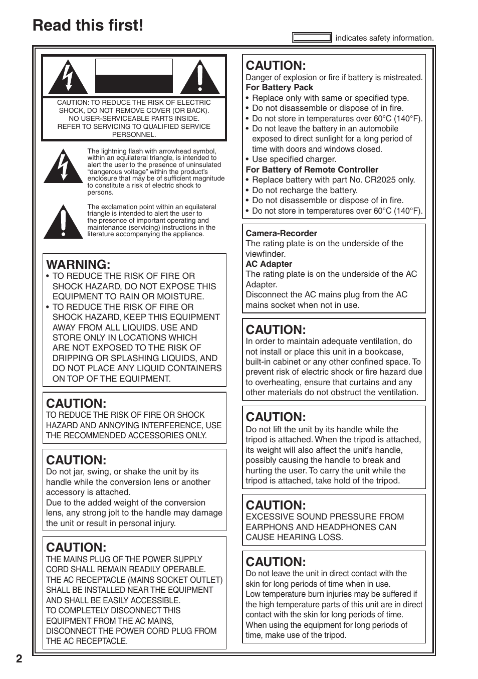 Read this first, Warning, Caution | Panasonic AG-HVX200 User Manual | Page 2 / 138