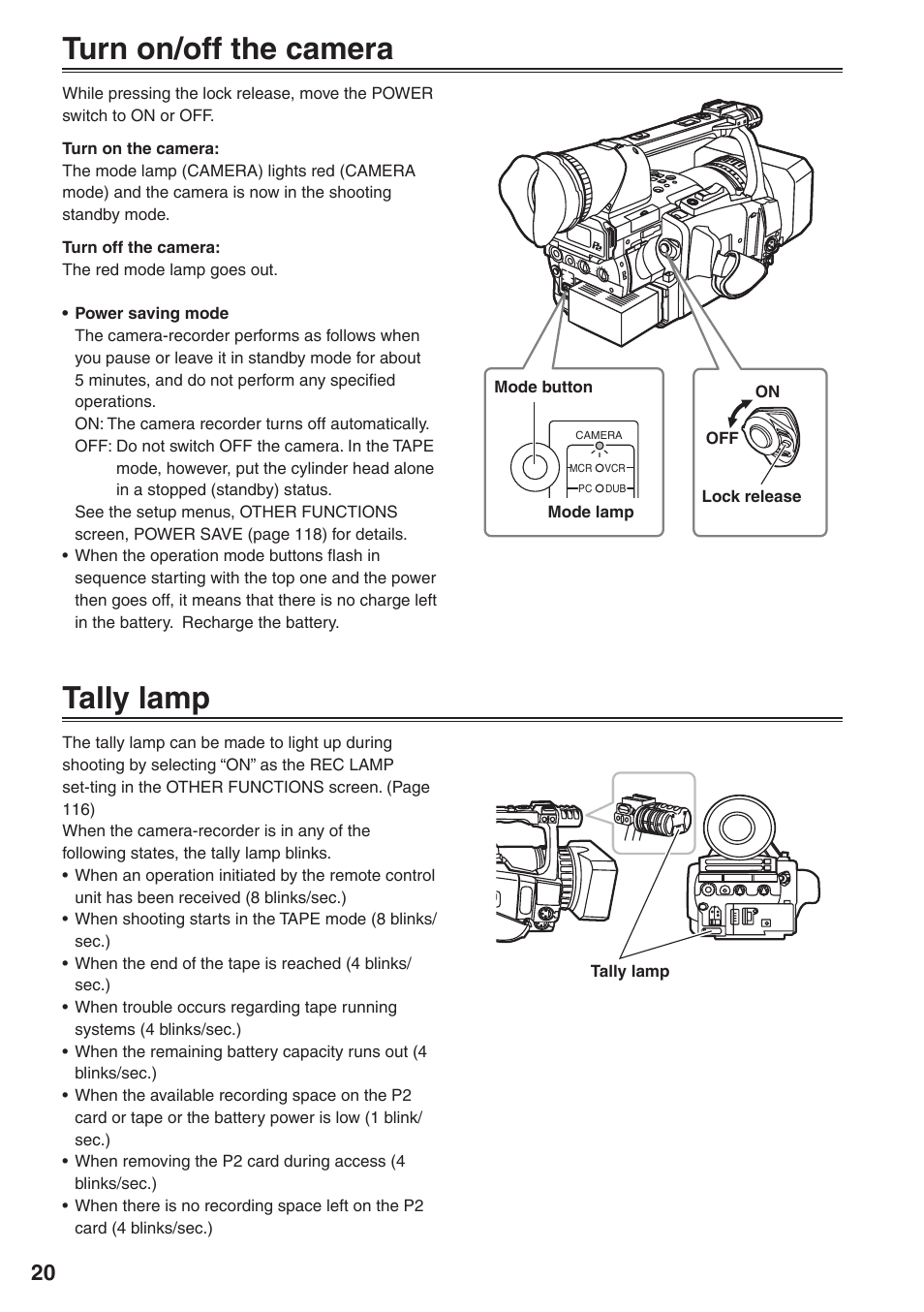 Turn on/off the camera, Tally lamp | Panasonic AG-HVX200 User Manual | Page 20 / 138