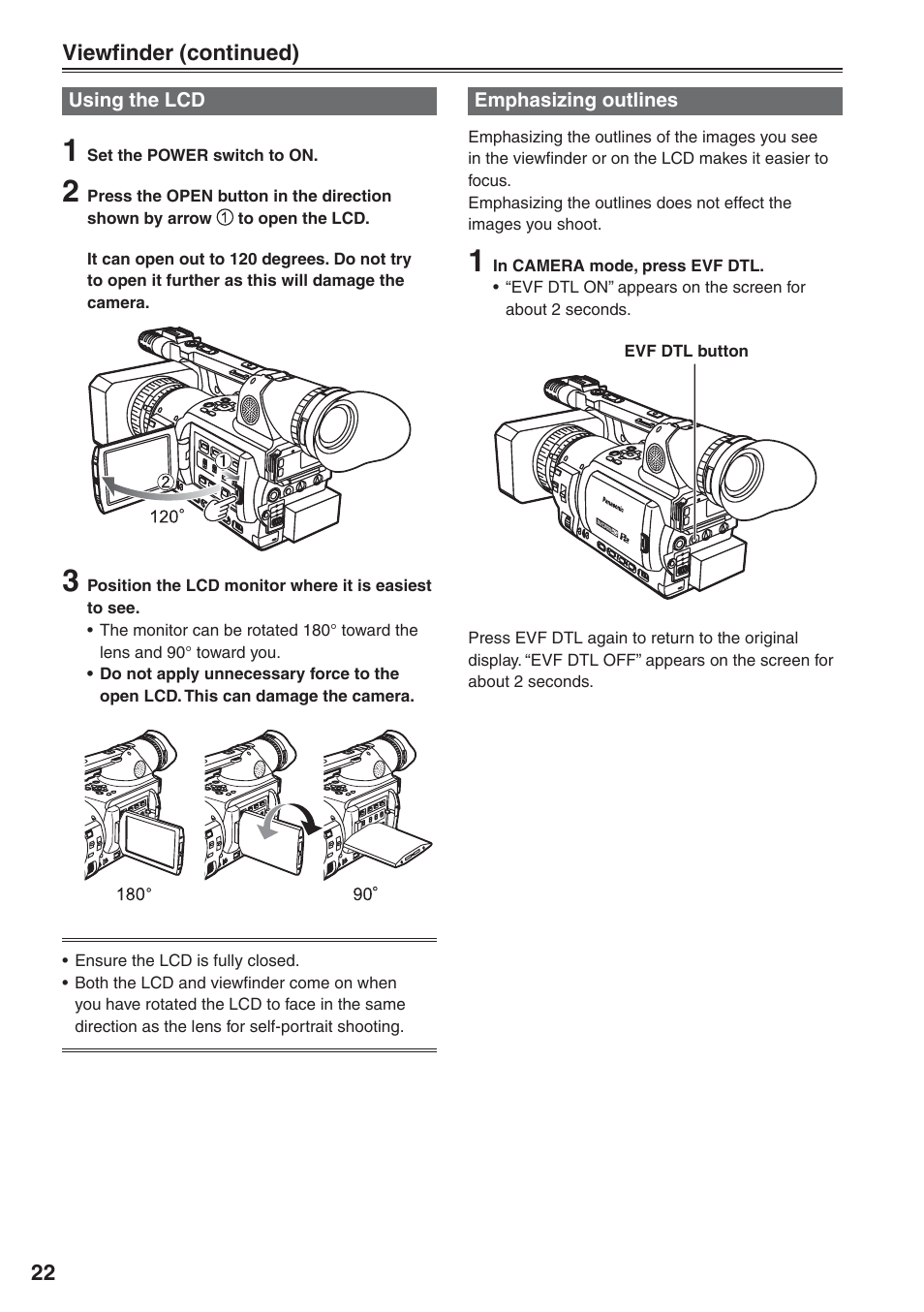 Using the lcd, Emphasizing outlines, Using the lcd emphasizing outlines | Panasonic AG-HVX200 User Manual | Page 22 / 138