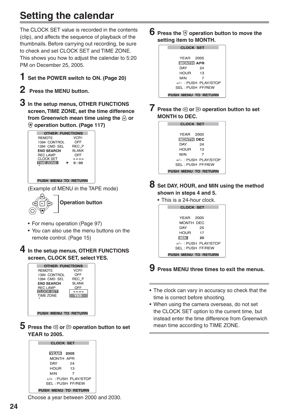 Setting the calendar, Setting the calendar 6 | Panasonic AG-HVX200 User Manual | Page 24 / 138