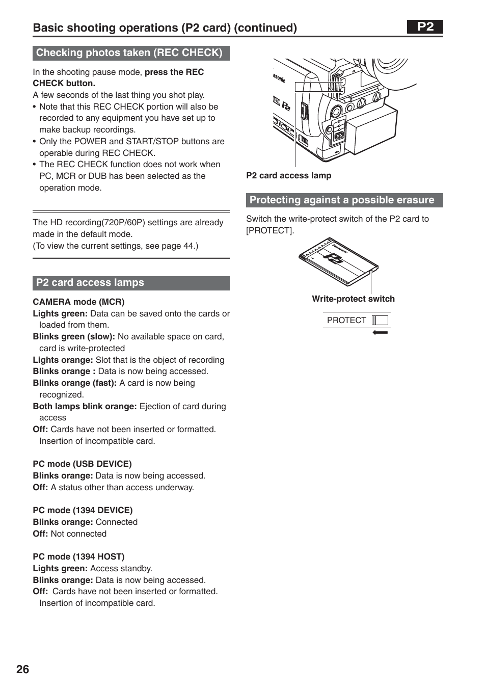 Checking photos taken (rec check), P2 card access lamps, Protecting against a possible erasure | Basic shooting operations (p2 card) (continued) | Panasonic AG-HVX200 User Manual | Page 26 / 138