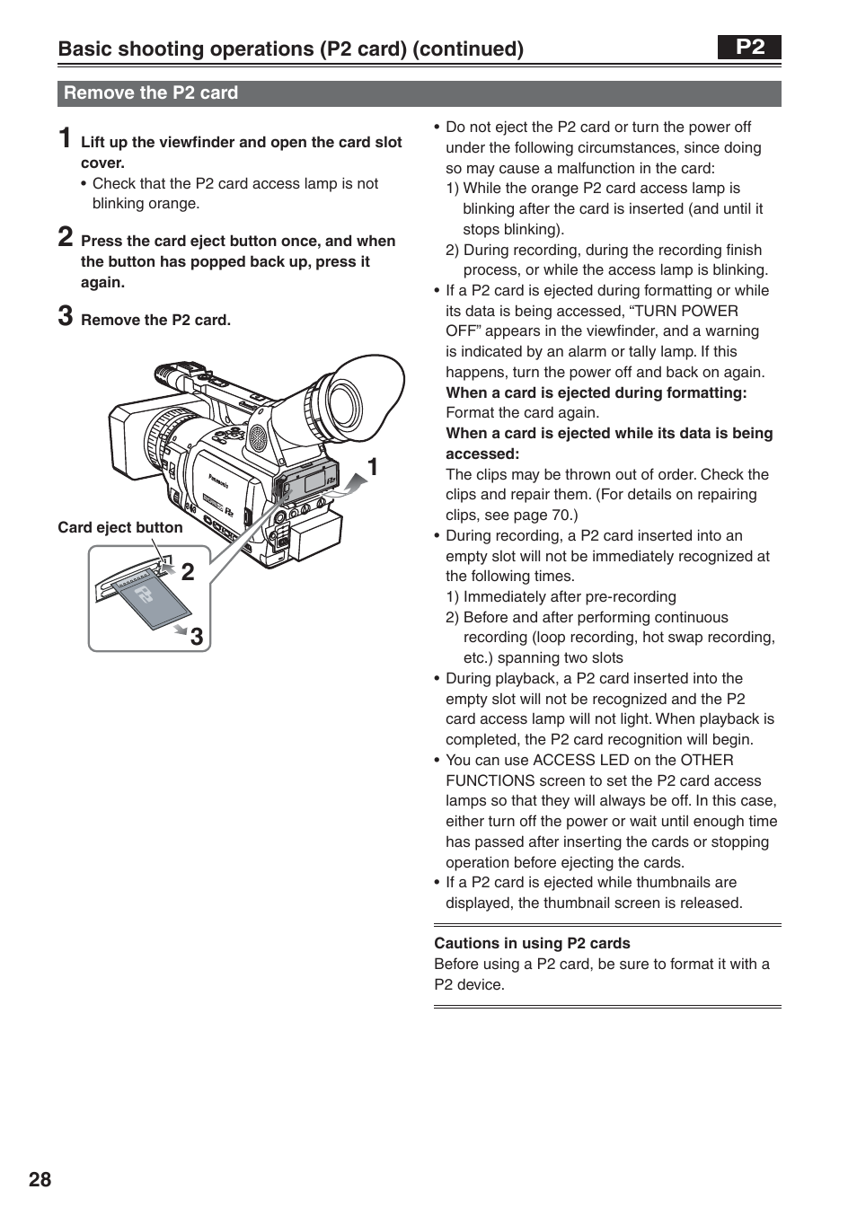 Remove the p2 card | Panasonic AG-HVX200 User Manual | Page 28 / 138