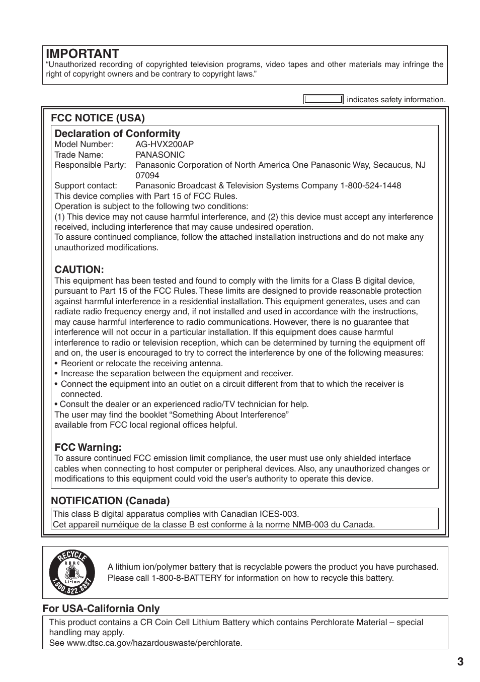 Important | Panasonic AG-HVX200 User Manual | Page 3 / 138