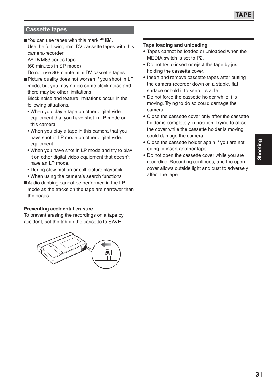 Cassette tapes, Tape | Panasonic AG-HVX200 User Manual | Page 31 / 138