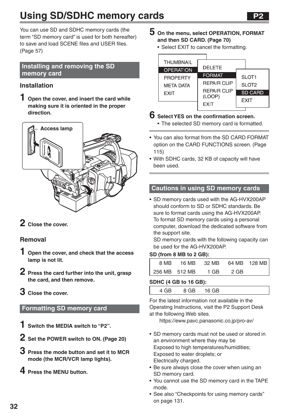 Using sd/sdhc memory cards, Installing and removing the sd memory card, Formatting sd memory card | Cautions in using sd memory cards | Panasonic AG-HVX200 User Manual | Page 32 / 138