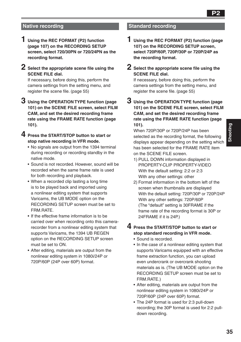 Native recording, Standard recording, Native recording standard recording | Panasonic AG-HVX200 User Manual | Page 35 / 138