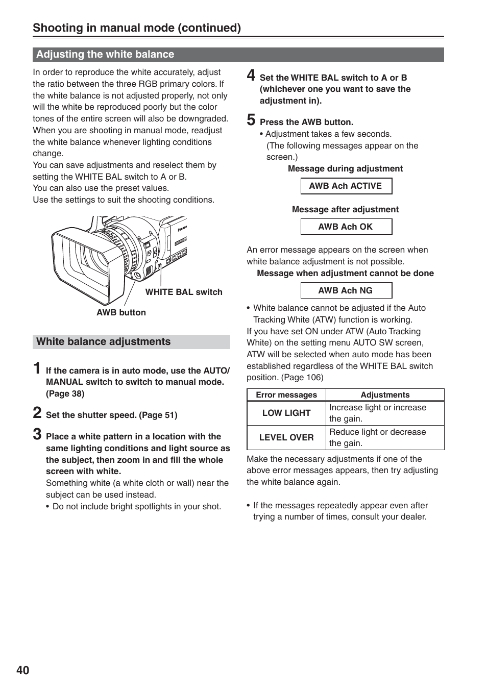 Adjusting the white balance | Panasonic AG-HVX200 User Manual | Page 40 / 138