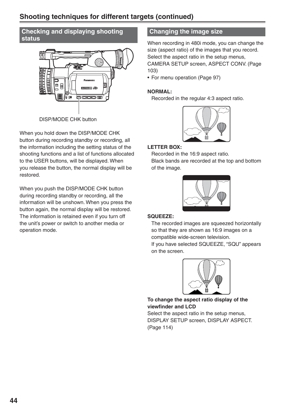 Checking and displaying shooting status, Changing the image size | Panasonic AG-HVX200 User Manual | Page 44 / 138