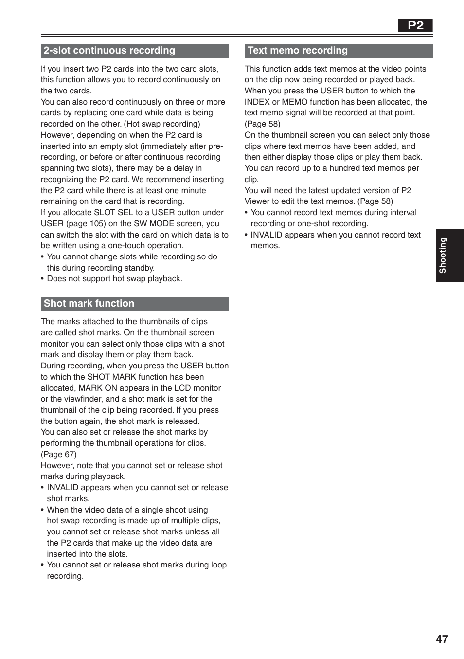 Slot continuous recording, Shot mark function, Text memo recording | Panasonic AG-HVX200 User Manual | Page 47 / 138