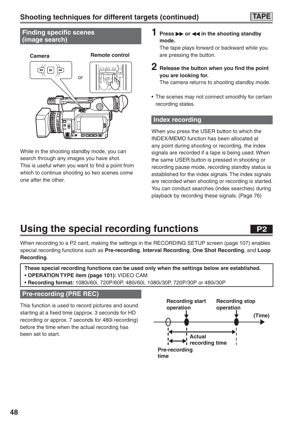 Finding specific scenes (image search), Index recording, Using the special recording functions | Pre-recording (pre rec), Tape | Panasonic AG-HVX200 User Manual | Page 48 / 138