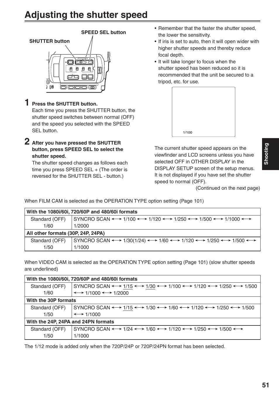 Adjusting the shutter speed | Panasonic AG-HVX200 User Manual | Page 51 / 138