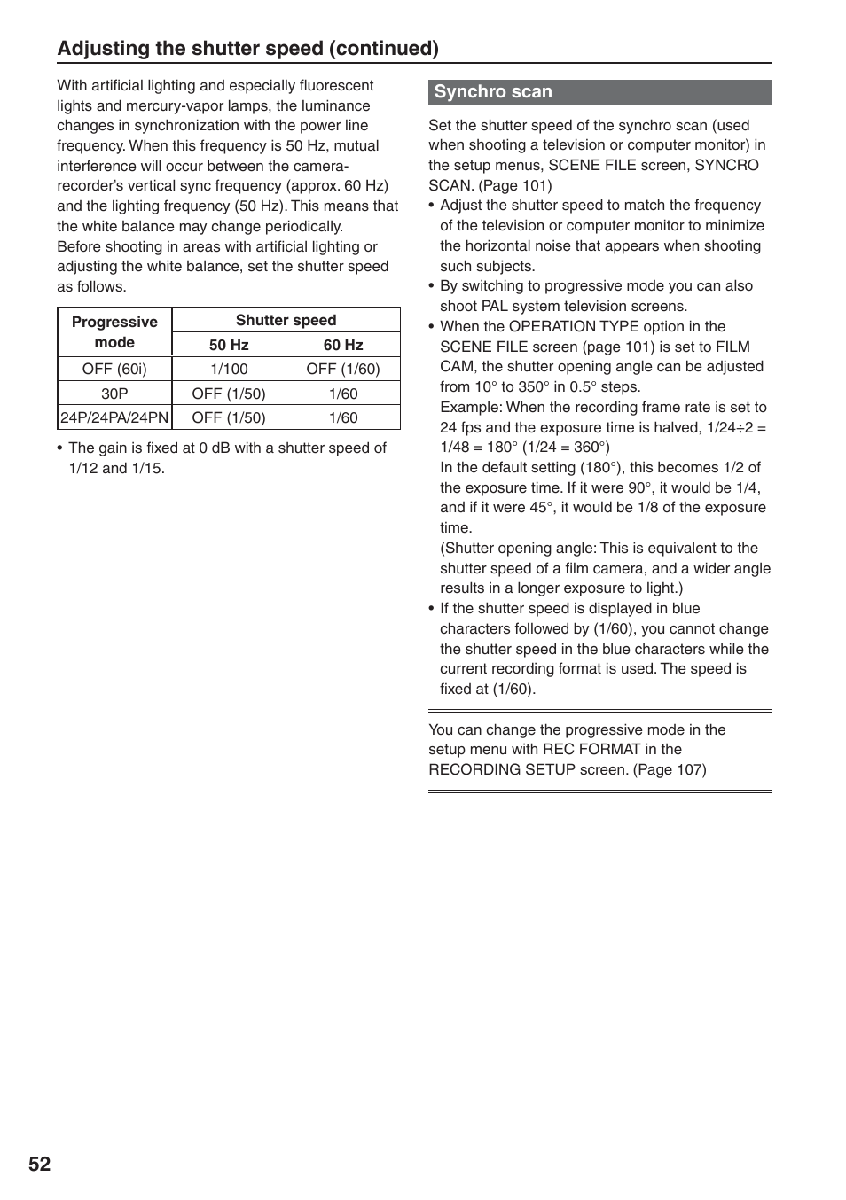 Synchro scan, Adjusting the shutter speed (continued) | Panasonic AG-HVX200 User Manual | Page 52 / 138