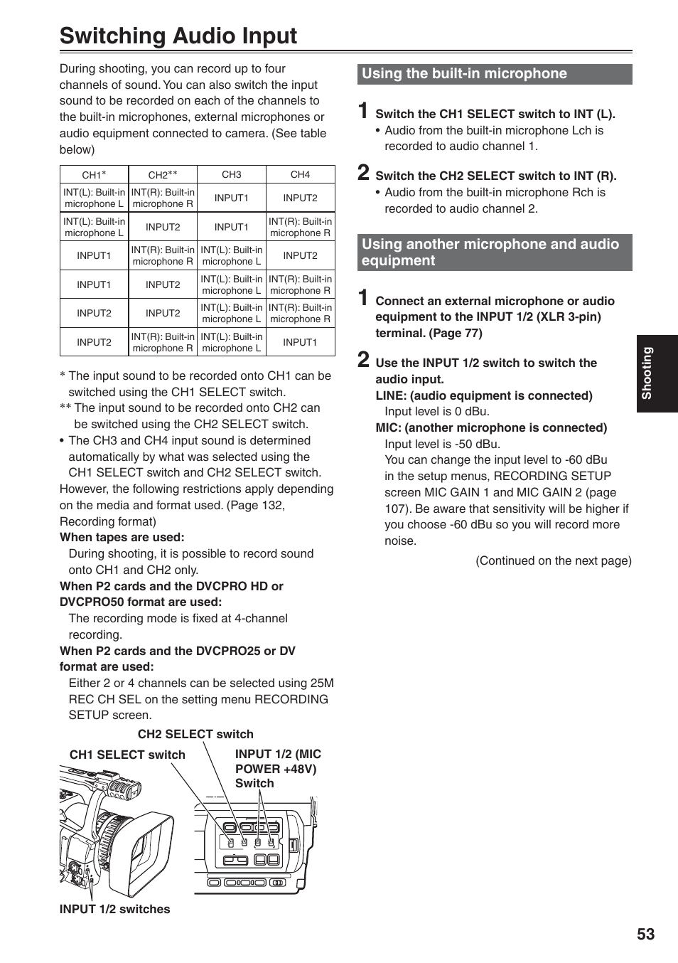 Switching audio input, Using the built-in microphone, Using another microphone and audio equipment | And audio equipment, Shooting | Panasonic AG-HVX200 User Manual | Page 53 / 138