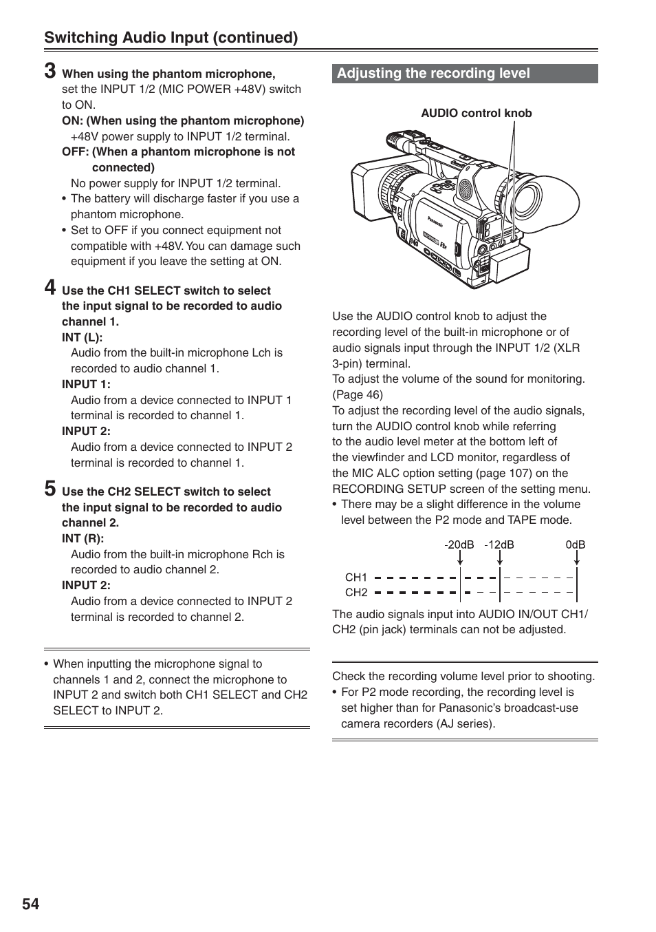 Adjusting the recording level | Panasonic AG-HVX200 User Manual | Page 54 / 138