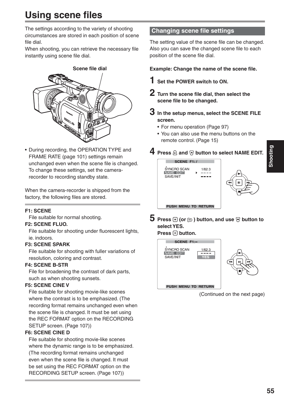 Using scene files, Changing scene file settings | Panasonic AG-HVX200 User Manual | Page 55 / 138