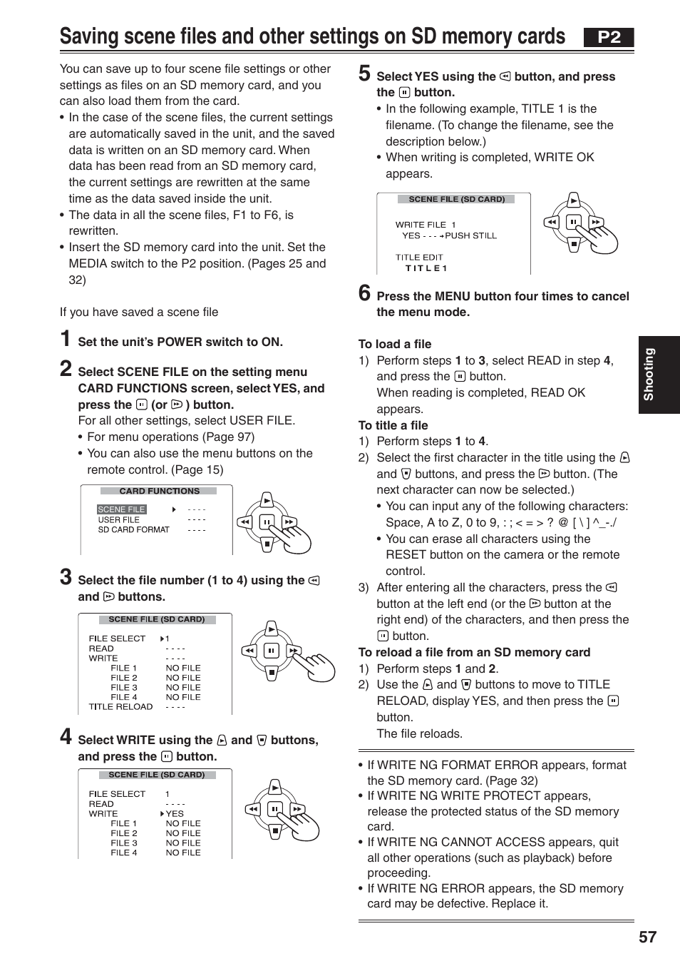 Saving scene files and other settings, On sd memory cards | Panasonic AG-HVX200 User Manual | Page 57 / 138