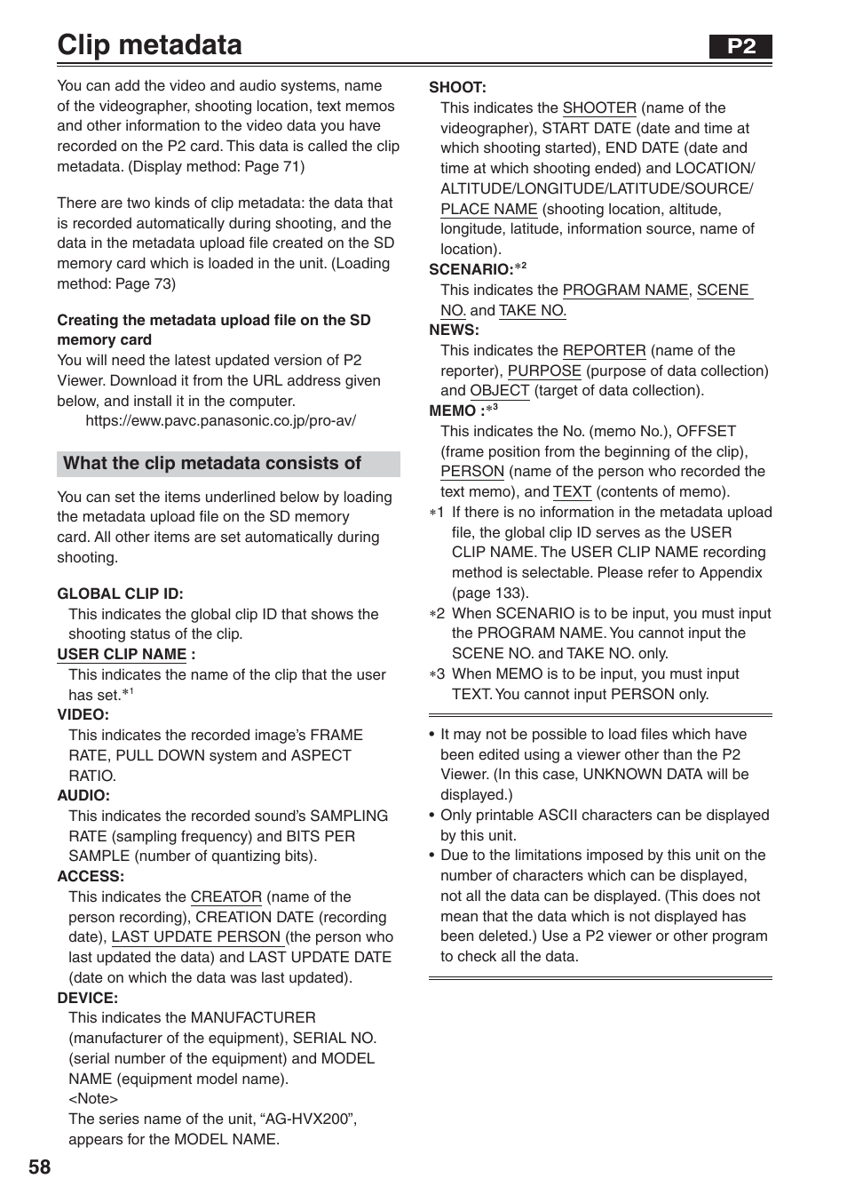 Clip metadata | Panasonic AG-HVX200 User Manual | Page 58 / 138