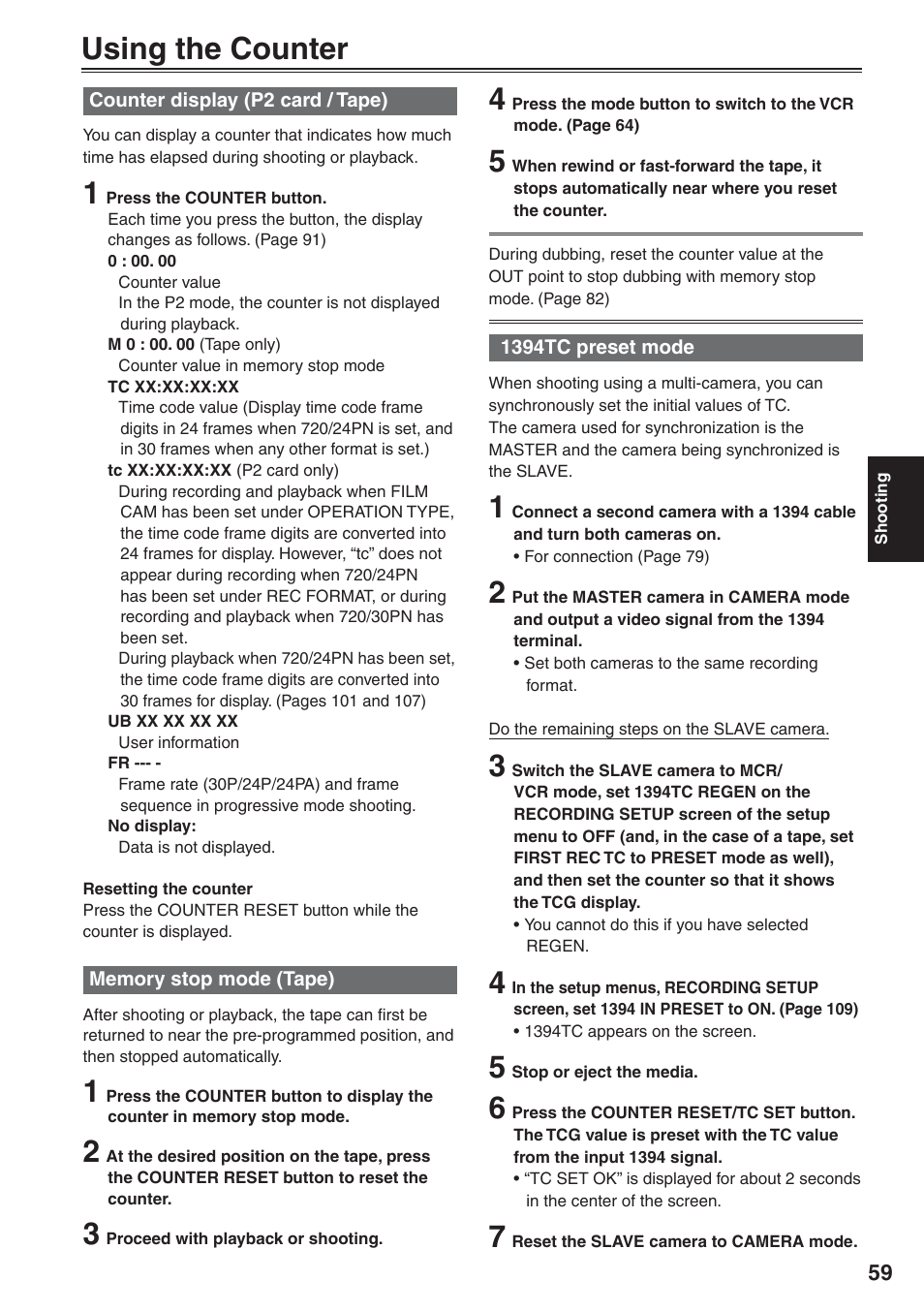 Using the counter, Counter display (p2 card / tape), Memory stop mode (tape) | 1394tc preset mode | Panasonic AG-HVX200 User Manual | Page 59 / 138