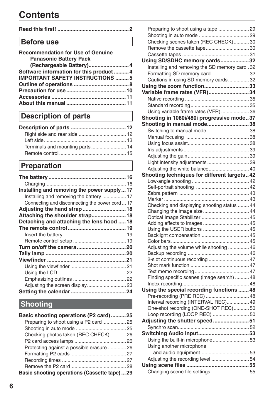 Panasonic AG-HVX200 User Manual | Page 6 / 138