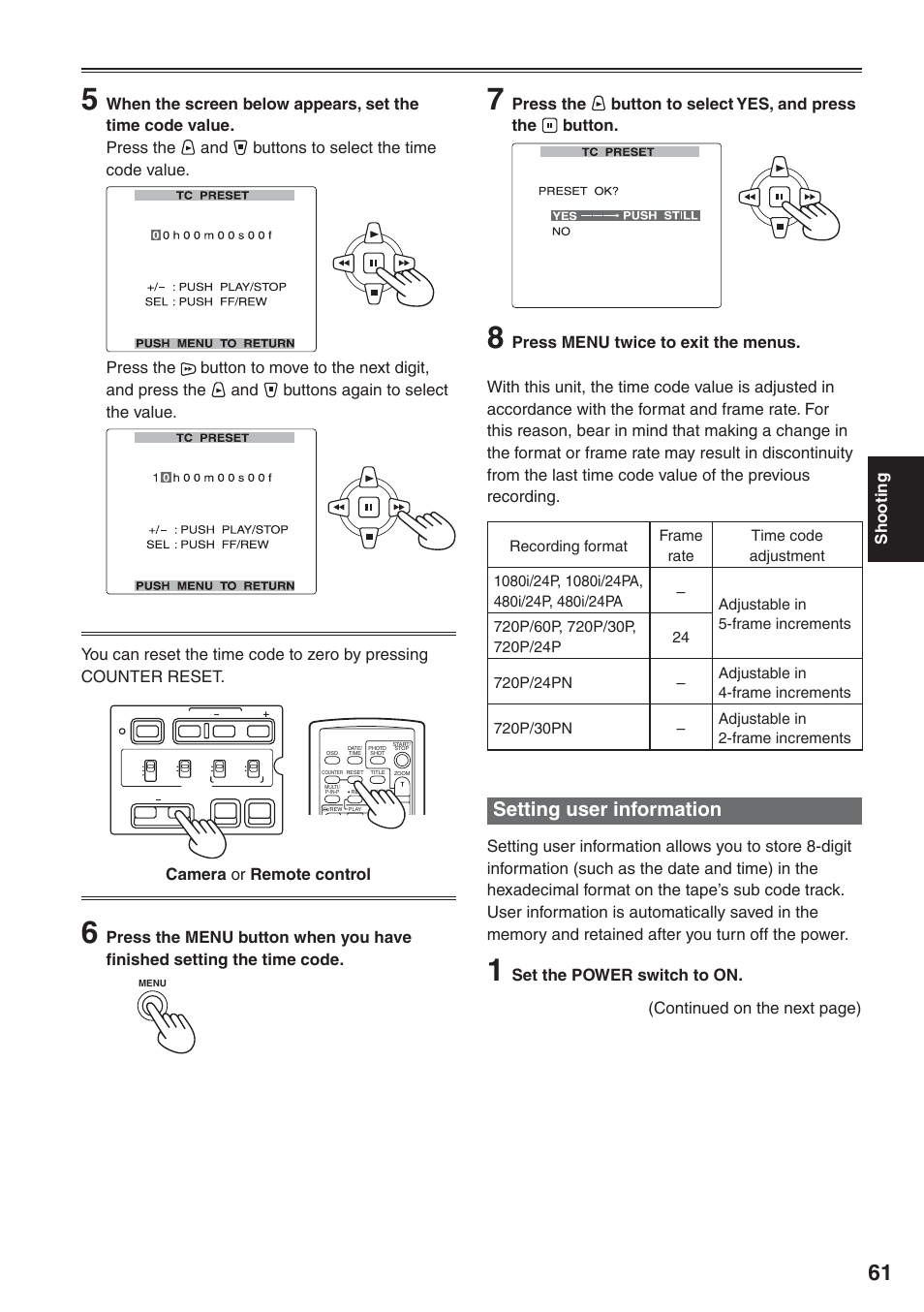 Setting user information, Shooting, Continued on the next page) | Set the power switch to on, Camera or remote control | Panasonic AG-HVX200 User Manual | Page 61 / 138