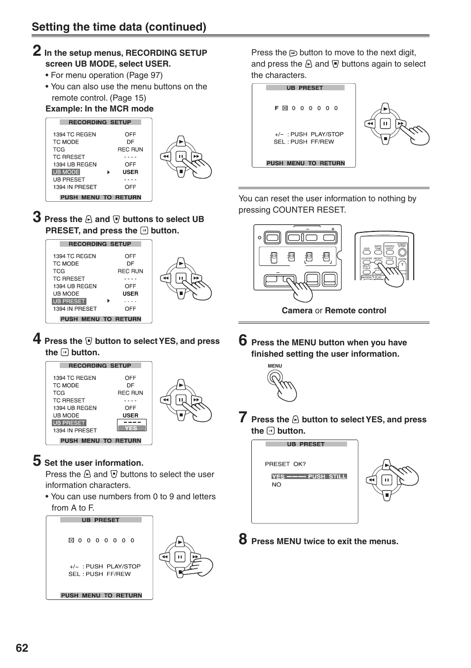 Setting the time data (continued) | Panasonic AG-HVX200 User Manual | Page 62 / 138