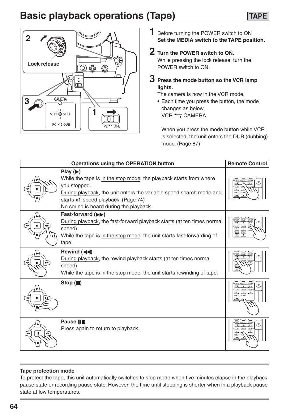 Basic playback operations (tape), Basic playback operations (tape) 1, Tape | Stop ( ), Pause ( ) press again to return to playback | Panasonic AG-HVX200 User Manual | Page 64 / 138