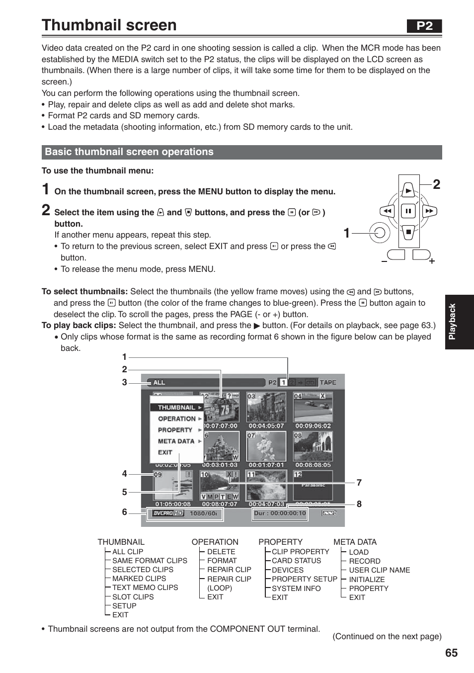 Thumbnail screen, Basic thumbnail screen operations | Panasonic AG-HVX200 User Manual | Page 65 / 138