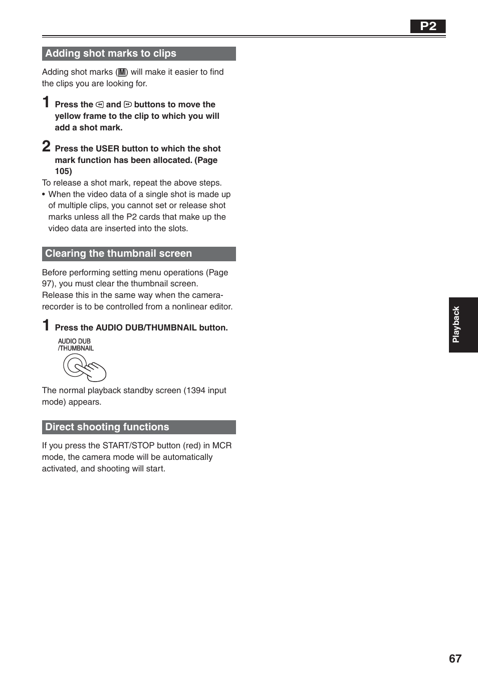 Adding shot marks to clips, Clearing the thumbnail screen, Direct shooting functions | Panasonic AG-HVX200 User Manual | Page 67 / 138