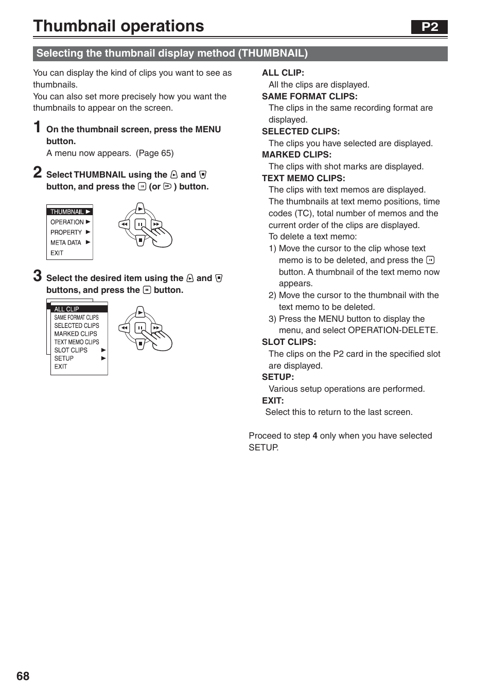 Thumbnail operations, Selecting the thumbnail display method (thumbnail), Selecting the thumbnail display method | Thumbnail) | Panasonic AG-HVX200 User Manual | Page 68 / 138