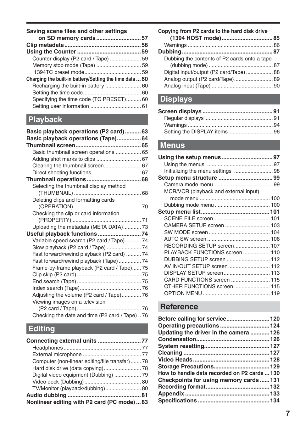 Playback, Editing, Displays | Menus, Reference | Panasonic AG-HVX200 User Manual | Page 7 / 138