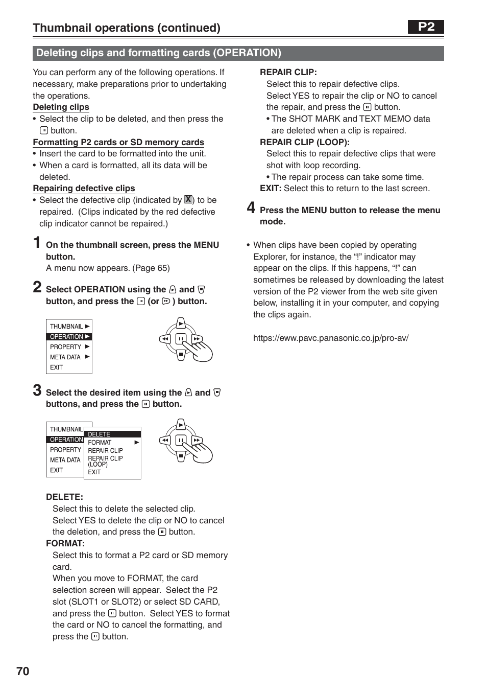 Deleting clips and formatting cards (operation), Deleting clips and formatting cards, Operation) | Panasonic AG-HVX200 User Manual | Page 70 / 138