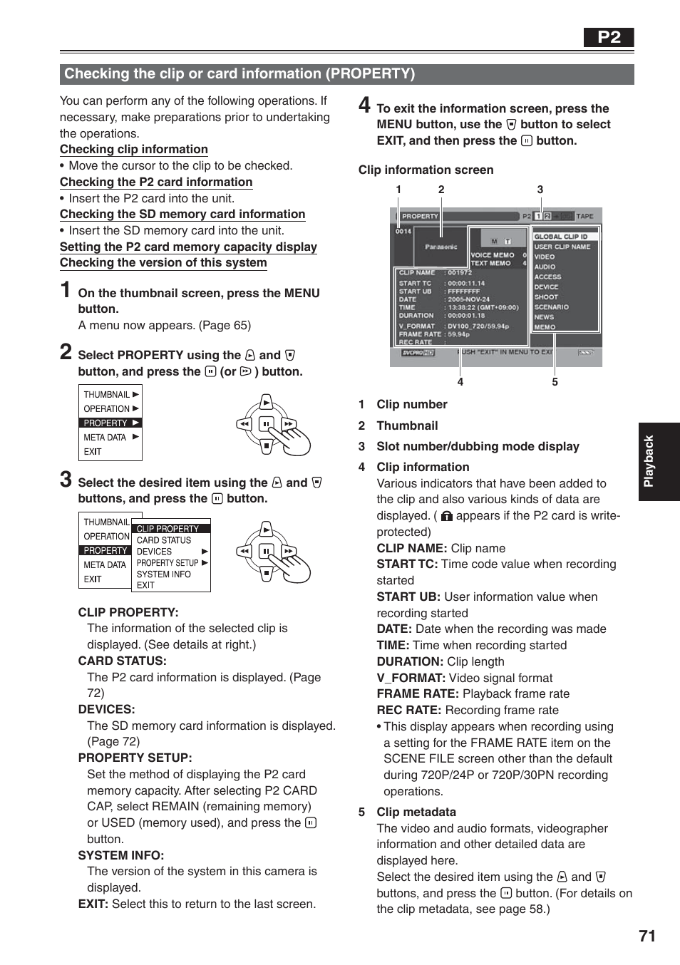 Checking the clip or card information (property), Checking the clip or card information, Property) | Panasonic AG-HVX200 User Manual | Page 71 / 138