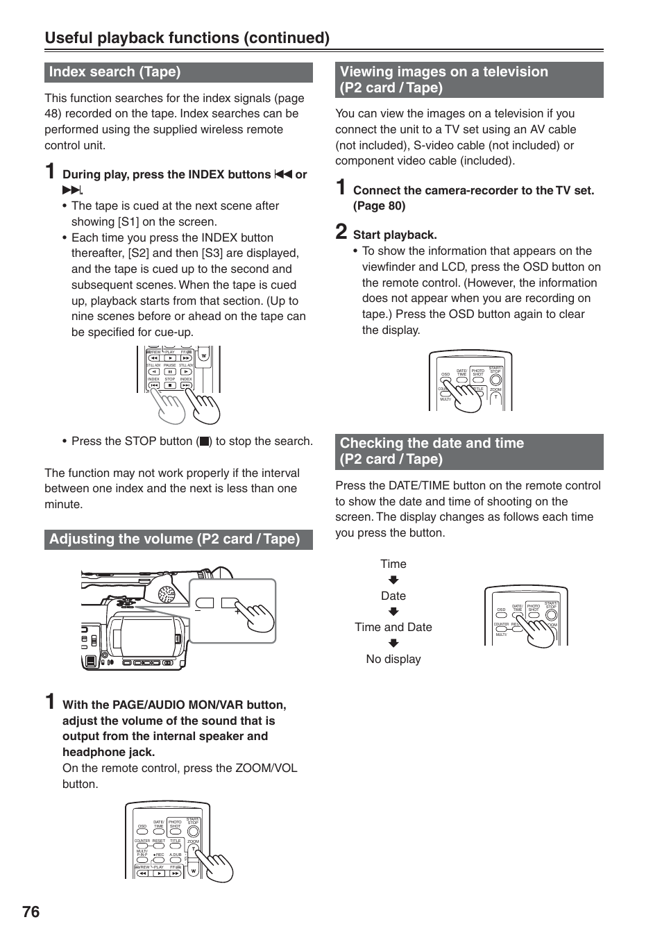 Index search (tape), Adjusting the volume (p2 card / tape), Viewing images on a television (p2 card / tape) | Checking the date and time (p2 card / tape), P2 card / tape), Useful playback functions (continued) | Panasonic AG-HVX200 User Manual | Page 76 / 138